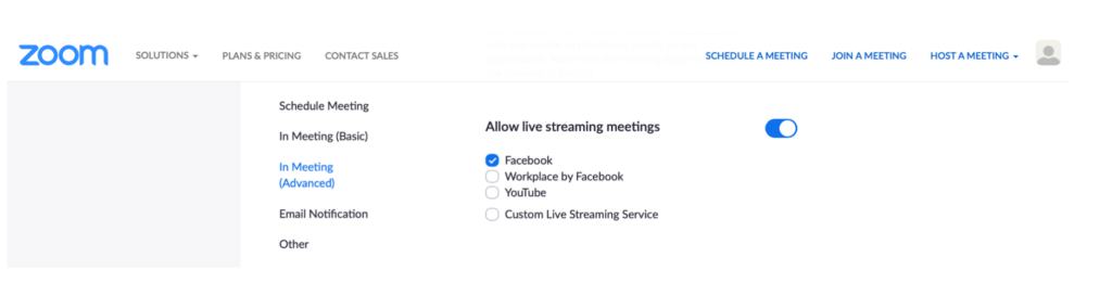 Facebook livestream settings in Zoom